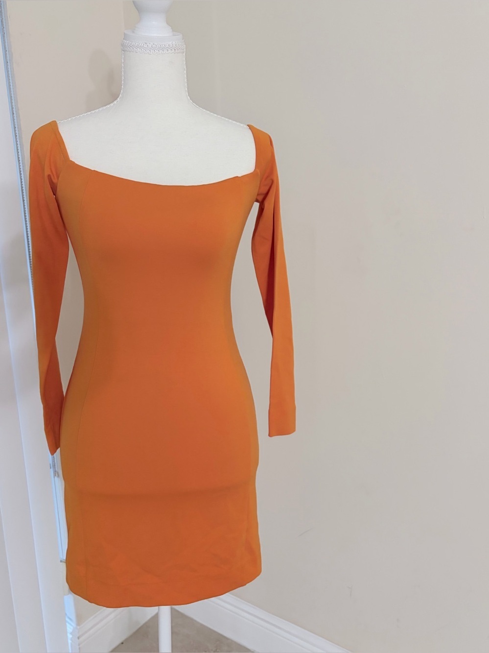 Michael Costello Orange Off-Shoulder Long Sleeve Bodycon Dress